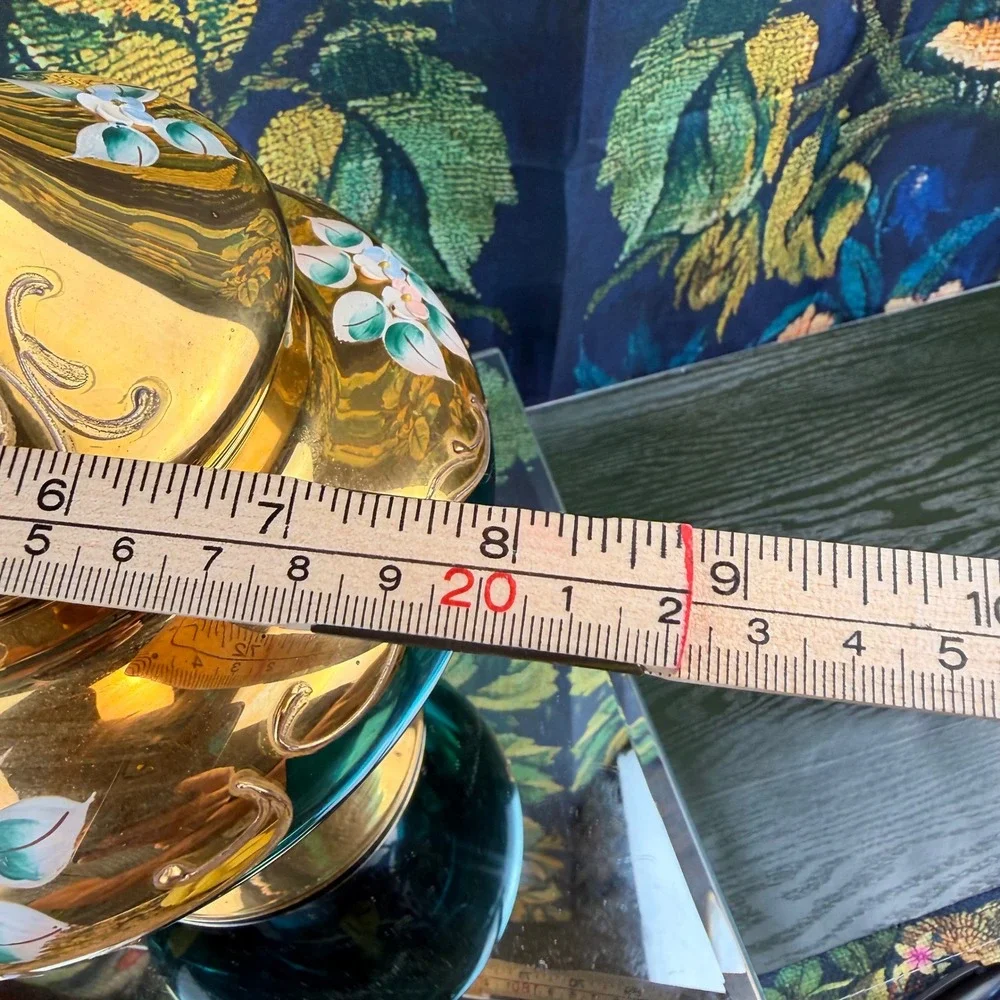 Vintage Venetian Murano Glass Compote Green Gold Hand Painted Floral‎ Candy Dish
